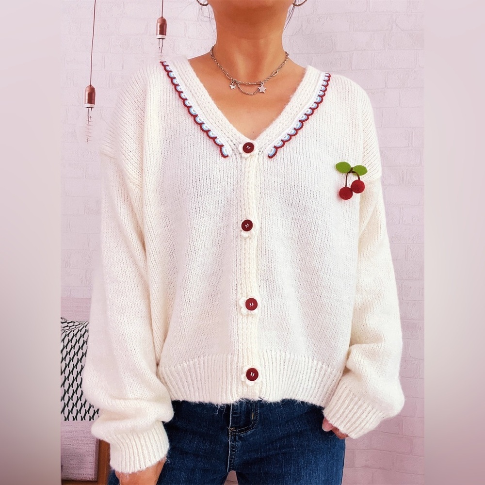 Cherry Button-Front Long Sleeve Cardigan - Picture 5 of 10